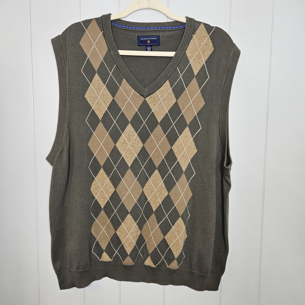 SaddleBred XL Green Men's Argyle‎ Vest Pullover 100% Cotton